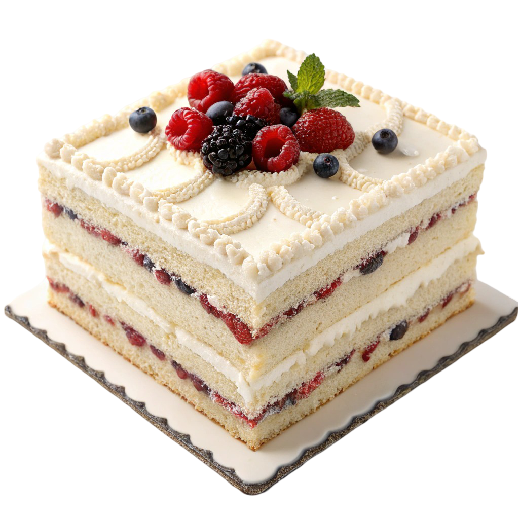 Three Layer Vanilla & Berries Square Birthday Cake PNG Transparent Image Free Download | PNG Perfect